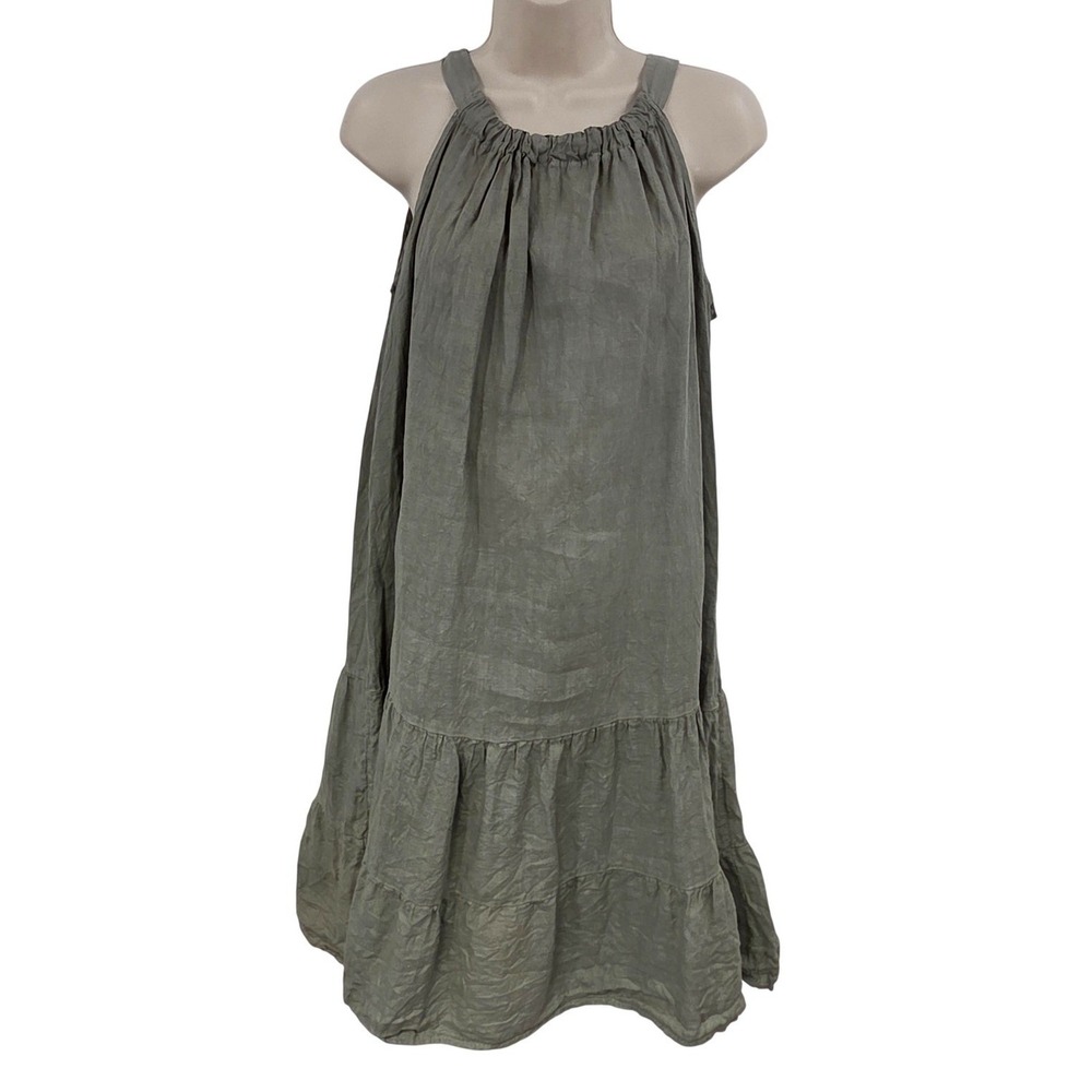 Bellambra Dress Women M Green Linen Swing Ruffle Hem Tie Back Made In Italy